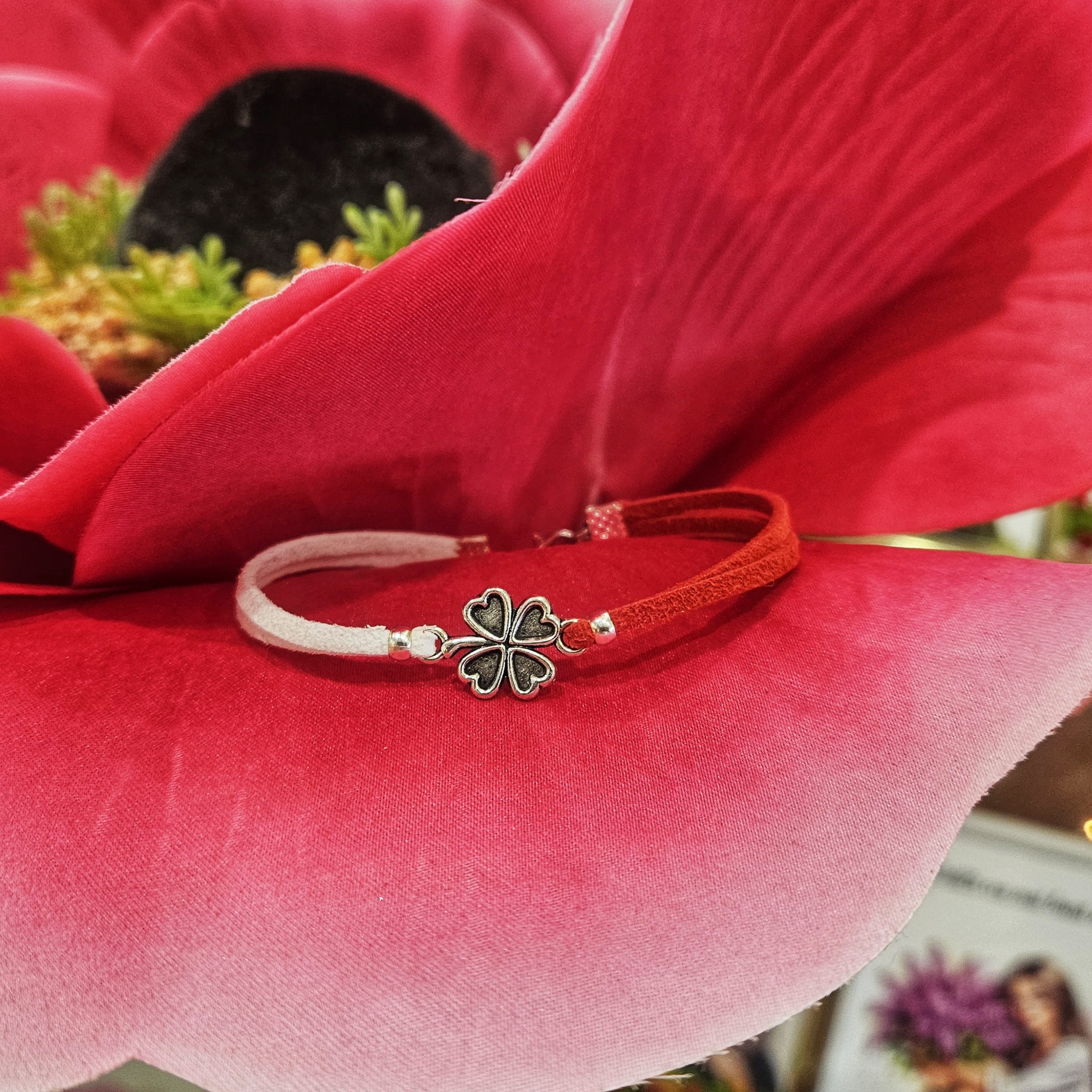 Martisor Bratara Trifoi cu patru foi, din piele intoarsa eco lucrata manual by Wild Bracelets - imagine 7