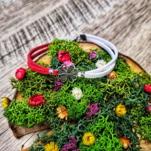 Martisor Bratara Trifoi cu patru foi stilizat, din piele intoarsa eco lucrata manual by Wild Bracelets - imagine 5