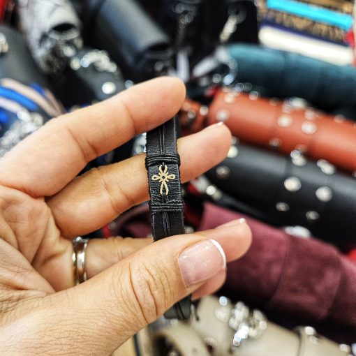 Bratara din piele naturala cu Cruciulita din Aur 14k, reglabila, unisex, realizata manual - imagine 6