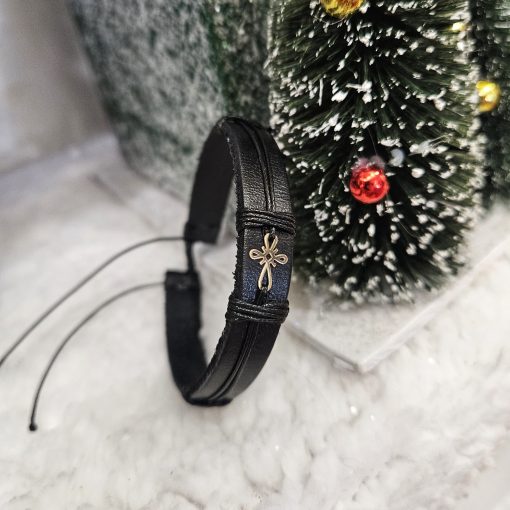 Bratara din piele naturala cu Cruciulita din Aur 14k, reglabila, unisex, realizata manual - imagine 12