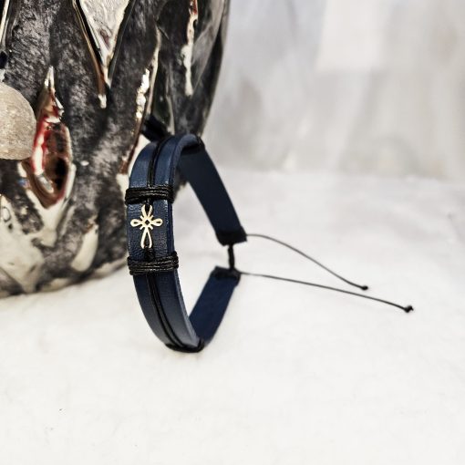 Bratara din piele naturala cu Cruciulita din Aur 14k, reglabila, unisex, realizata manual - imagine 3