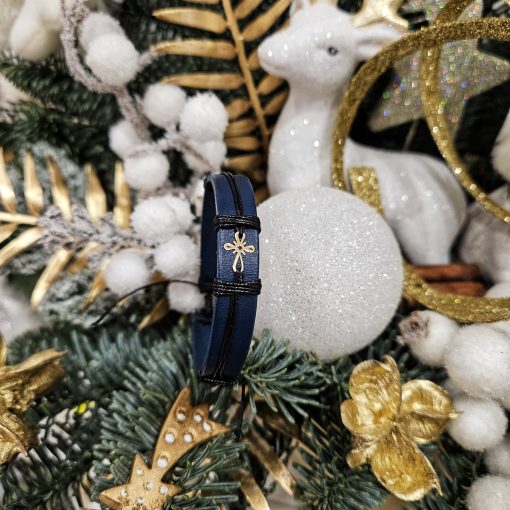 Bratara din piele naturala cu Cruciulita din Aur 14k, reglabila, unisex, realizata manual - imagine 4