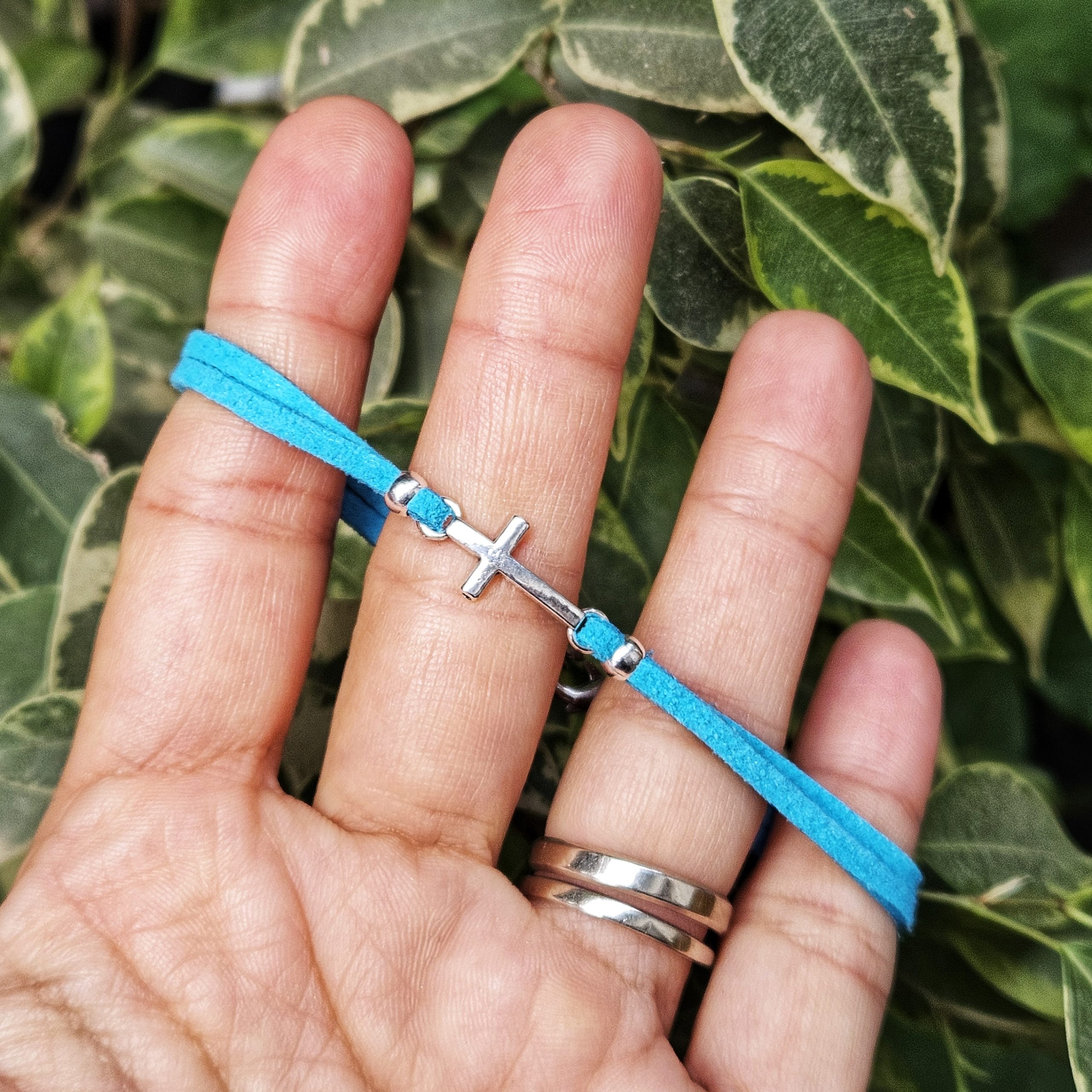 Bratara cu Cruciulita, din piele intoarsa eco, turcoaz, lucrata manual by Wild Bracelets - imagine 6