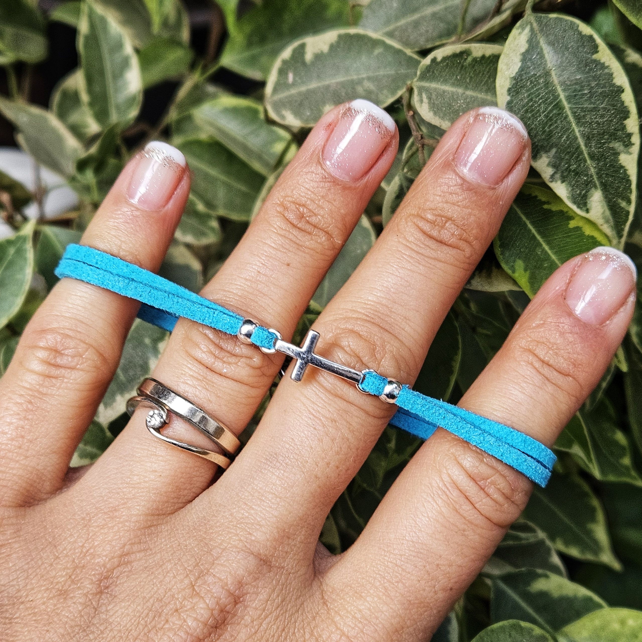 Bratara cu Cruciulita, din piele intoarsa eco, turcoaz, lucrata manual by Wild Bracelets - imagine 3