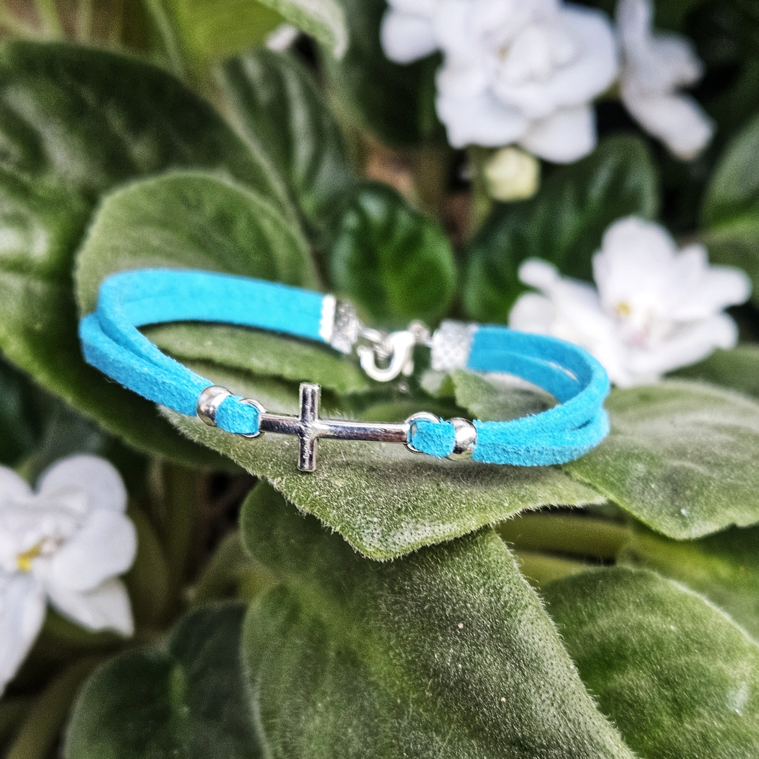 Bratara cu Cruciulita, din piele intoarsa eco, turcoaz, lucrata manual by Wild Bracelets - imagine 4