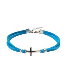 Bratara cu Cruciulita, din piele intoarsa eco, turcoaz, lucrata manual by Wild Bracelets