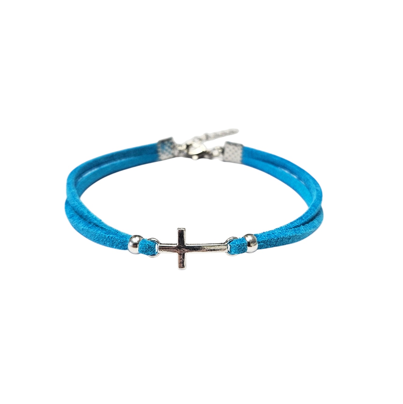 Bratara cu Cruciulita, din piele intoarsa eco, turcoaz, lucrata manual by Wild Bracelets