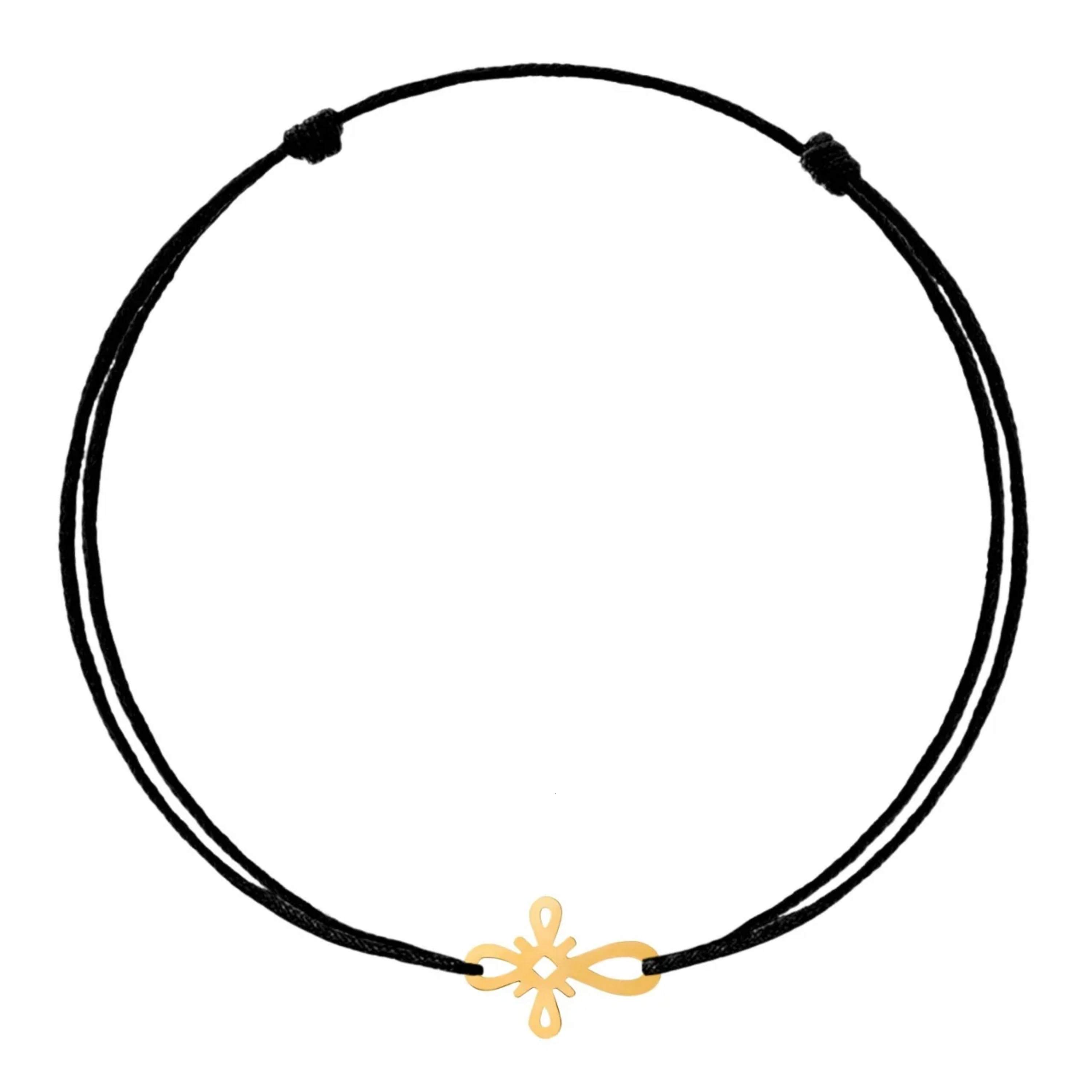 Bratara Aur 14k cu charm cruciulita, reglabila si snur de matase negru, de adult unisex Wild Bracelets