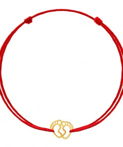 Bratara Aur 14k cu charm talpite, reglabila si snur de matase rosu, de adult unisex Wild Bracelets
